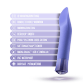 Blush Oh My Gem Enrapture Tanzanite bullet vibrator with icons and key features